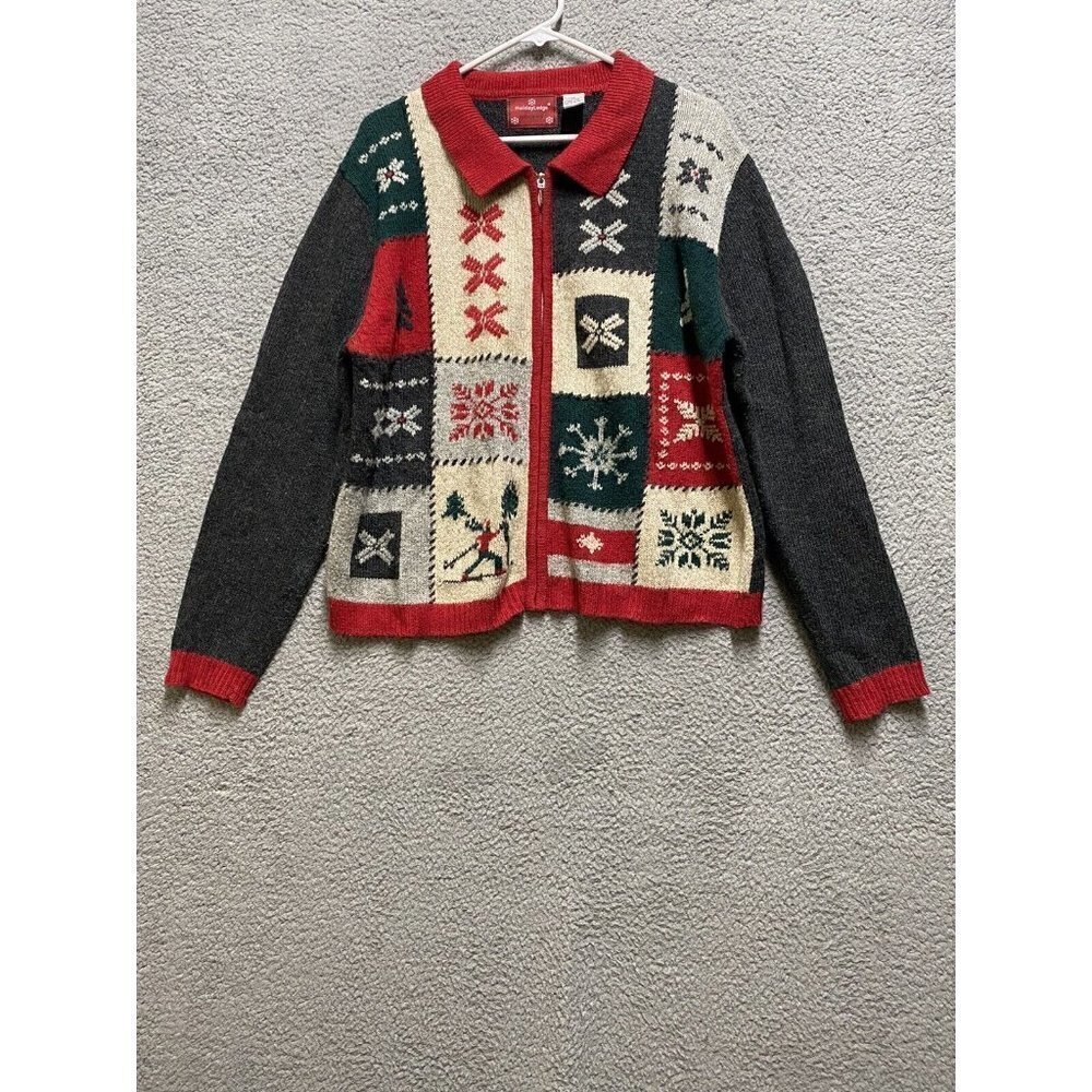 Holiday Lodge Patchwork Ramie Wool Knit Ugly Christmas Sweater Xl Red G